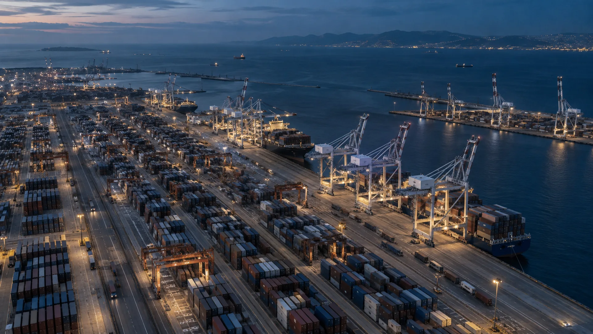 Aerial view of cranes and containers at a port at blue hour
